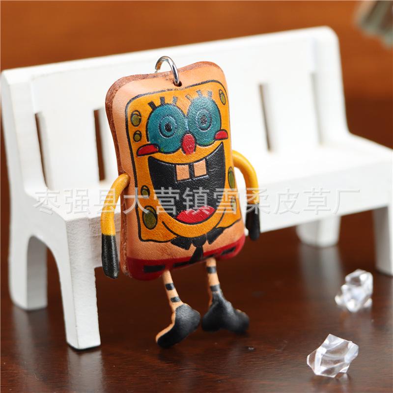 First Layer Cowhide Creative Spongebob Squarepants Keychain Bag Pendant Mini Cute Cowhide Bag Accessories Gifts