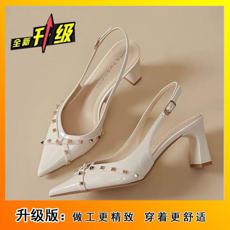 2025 new bag head thick heel female rivet French fairy style single shoes pointed patent leather not tired feet fashion sandals