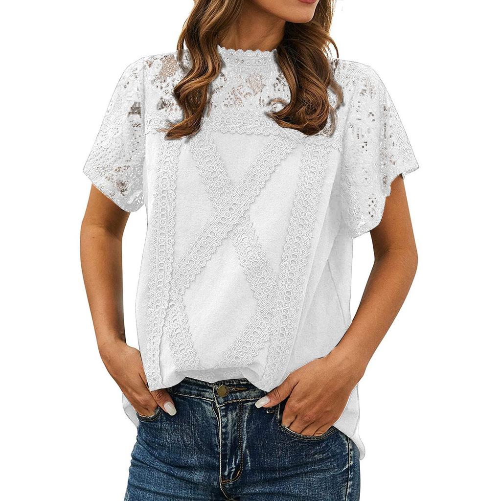 Women's Cute Lace Blouse Top Short Sleeve Lace Hollow Out Turtle Neck T Shirt