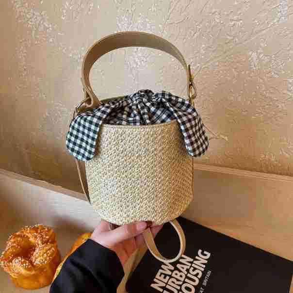 2026 Bow Plaid Straw Woven Bucket Bag: Fashionable, Versatile Single Shoulder Crossbody Handbag for Women