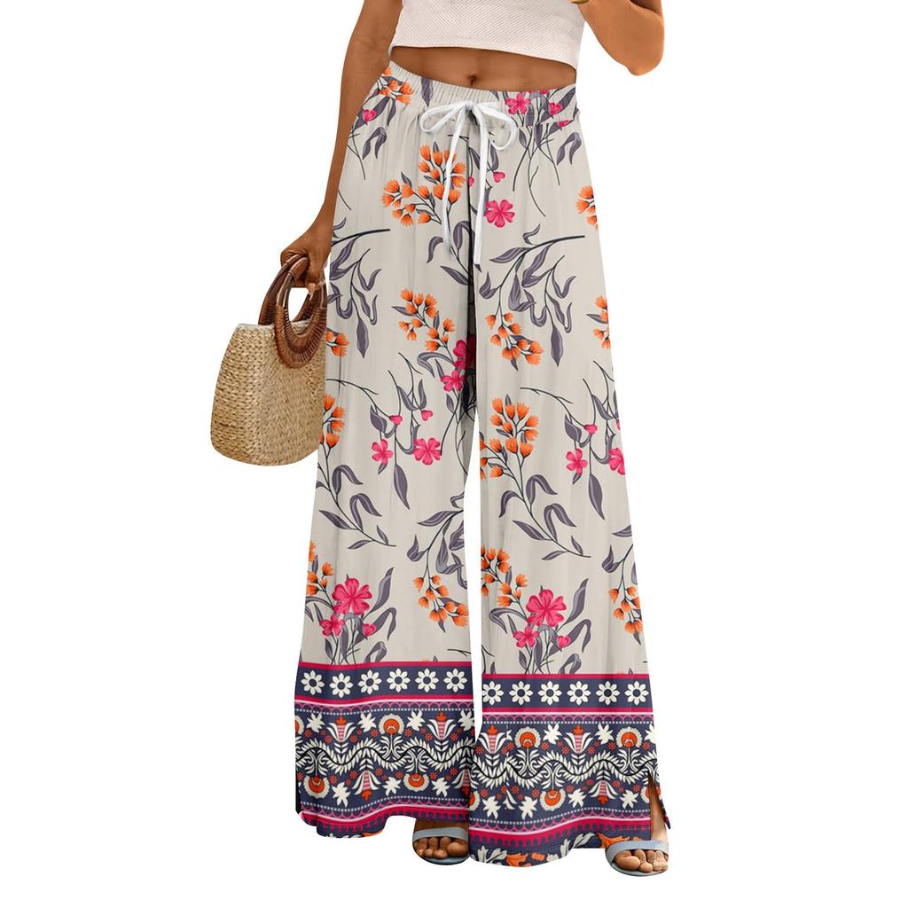 Dames zomer boho palazzo broek met hoge taille, wijde pijpen en bloemenprint, casual broek met zakken