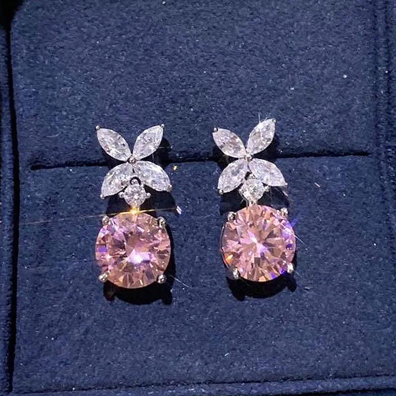 Elegant Light Luxury Pink Zircon Earrings for Women High-End Temperament Trendy Zircon Accessory