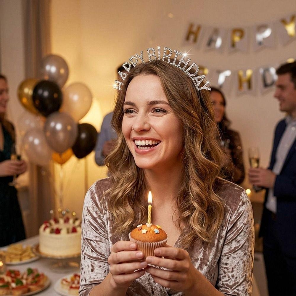 Glitter HAPPY BIRTHDAY Headband Metal Hair Accessories Crystal Birthday Tiaras Rhinestone Princess Hairbands Adult Girl