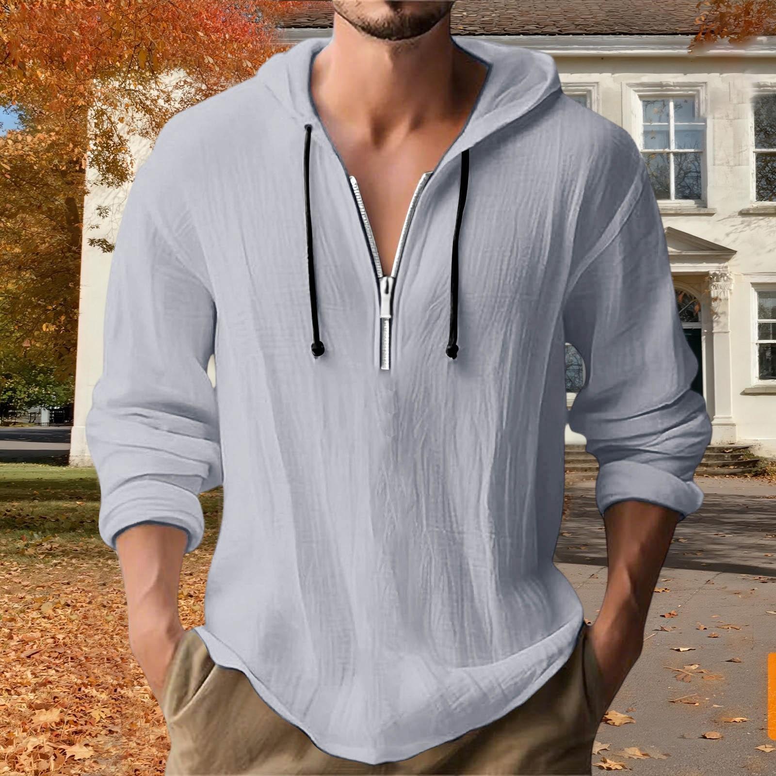 Men s Linen - Cotton Quarter - Zip Hoodie - Casual Loose Fit Sporty Top XL