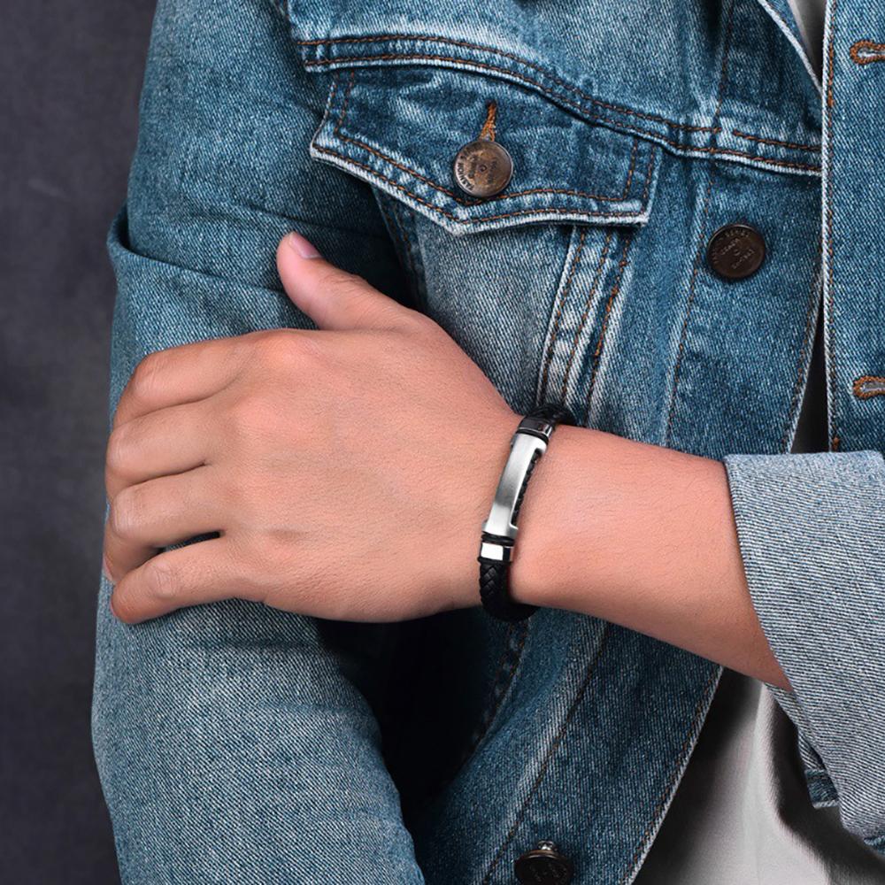 Fashionable new 11MM modern men's woven leather bracelet laser-engraved stainless steel bracelet
