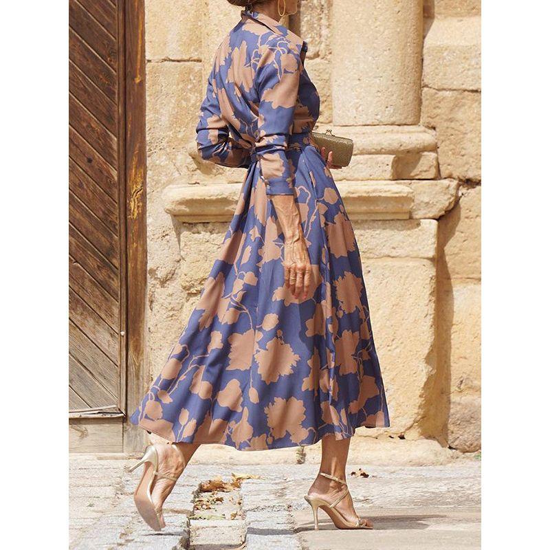 European and American New Women Fashion Temperament Print Mid-Length Waist Hugging Lace-up Shirt Dress Dress Shirtdress