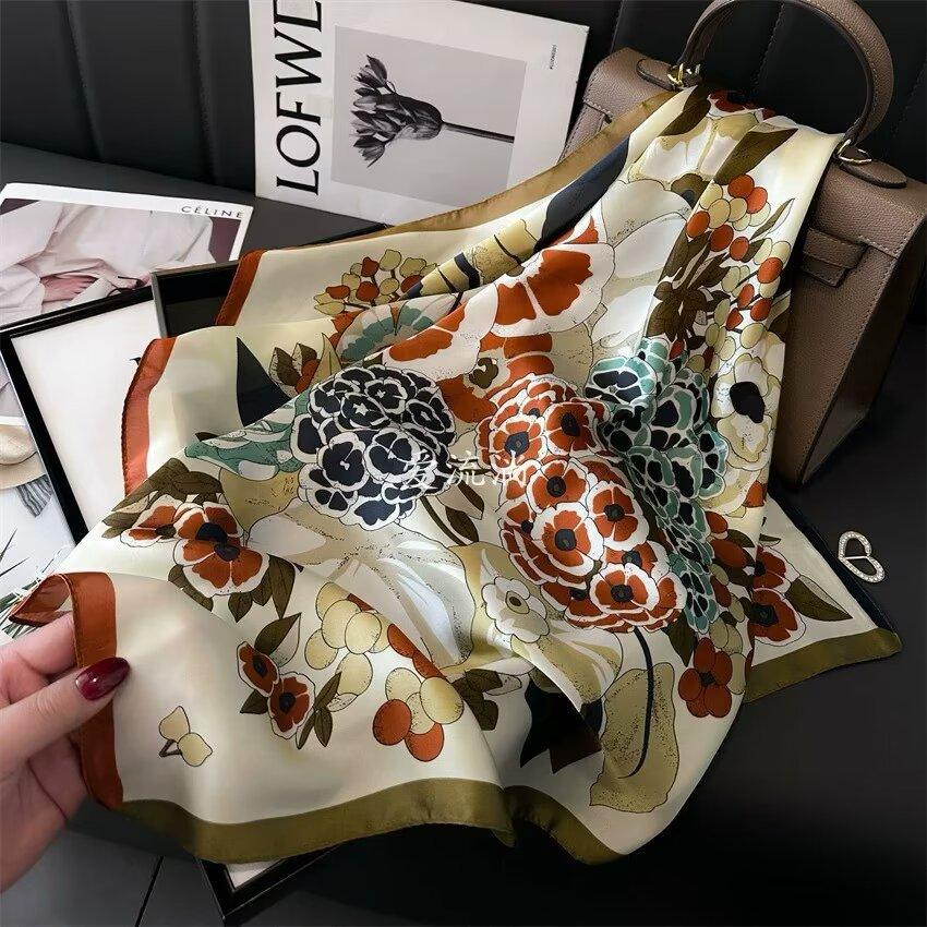 Elegant Purple Flower-Printed Silk Scarf Women Satin Neckerchief Versatile Headwear Bag Clothing And Accessories Square Scarf