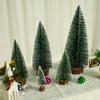 Mini Christmas Trees Artificial Pine Tabletop Decor Snow Top Dark Green Silver White Wood Base Xmas Party Decoration Decoration
