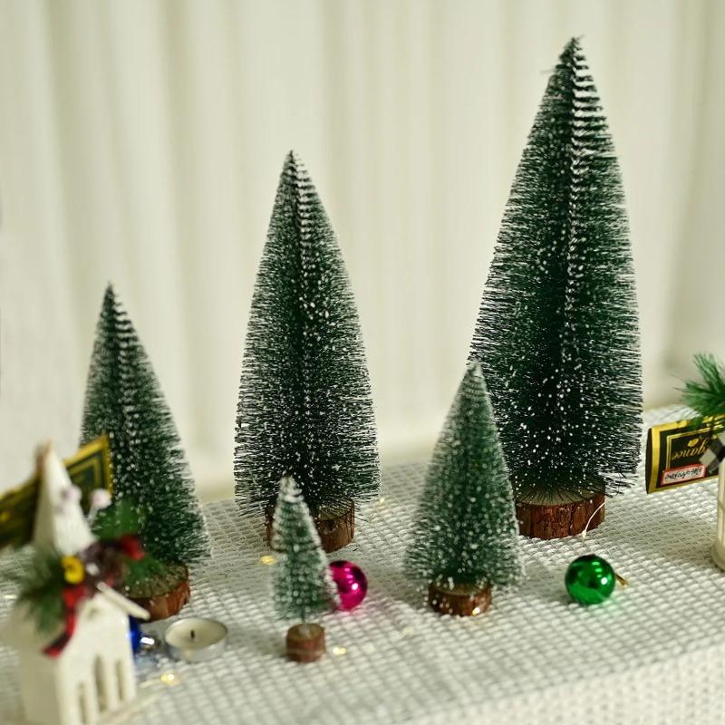 Mini Christmas Trees Artificial Pine Tabletop Decor Snow Top Dark Green Silver White Wood Base Xmas Party Decoration Decoration