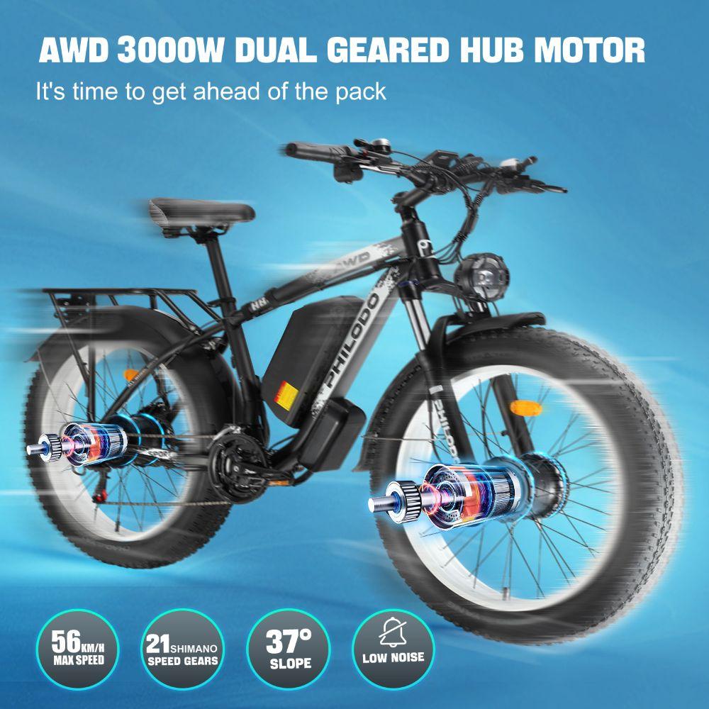 Bicicleta eléctrica PHILODO H8, motor de 3000W, batería de 48V 26Ah, velocidad máxima 56 km/h, autonomía de 100 km, neumáticos de 26x4.0 pulgadas