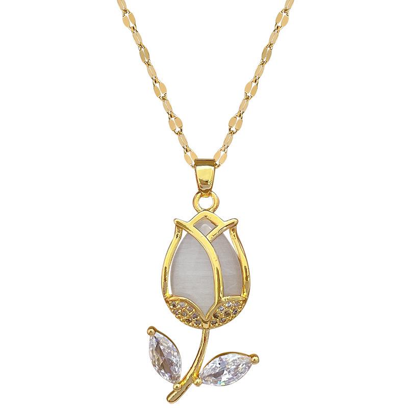 DIEYURO 316L Stainless Steel Fashion Leaf Tulip Flower Inlaid Crystal Pendant Necklace For Girl New Clavicle Chain Jewelry Gift