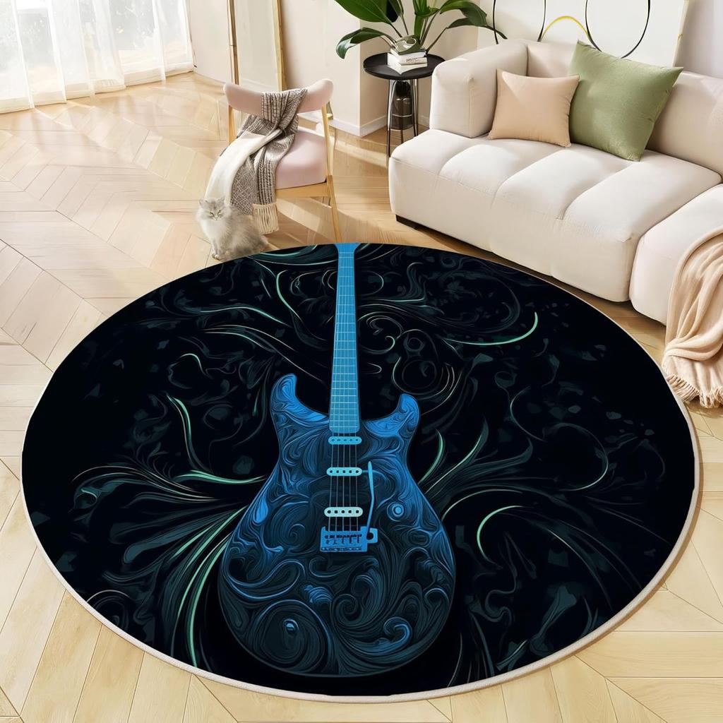 Blue Electric Guitar Round Rug Black Background Swirl Art for Music Lover Decor