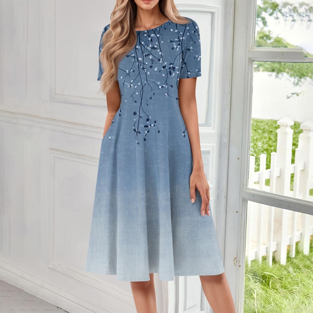 Women's Casual Fashion Round Neck Short Sleeve Print Midi Dress