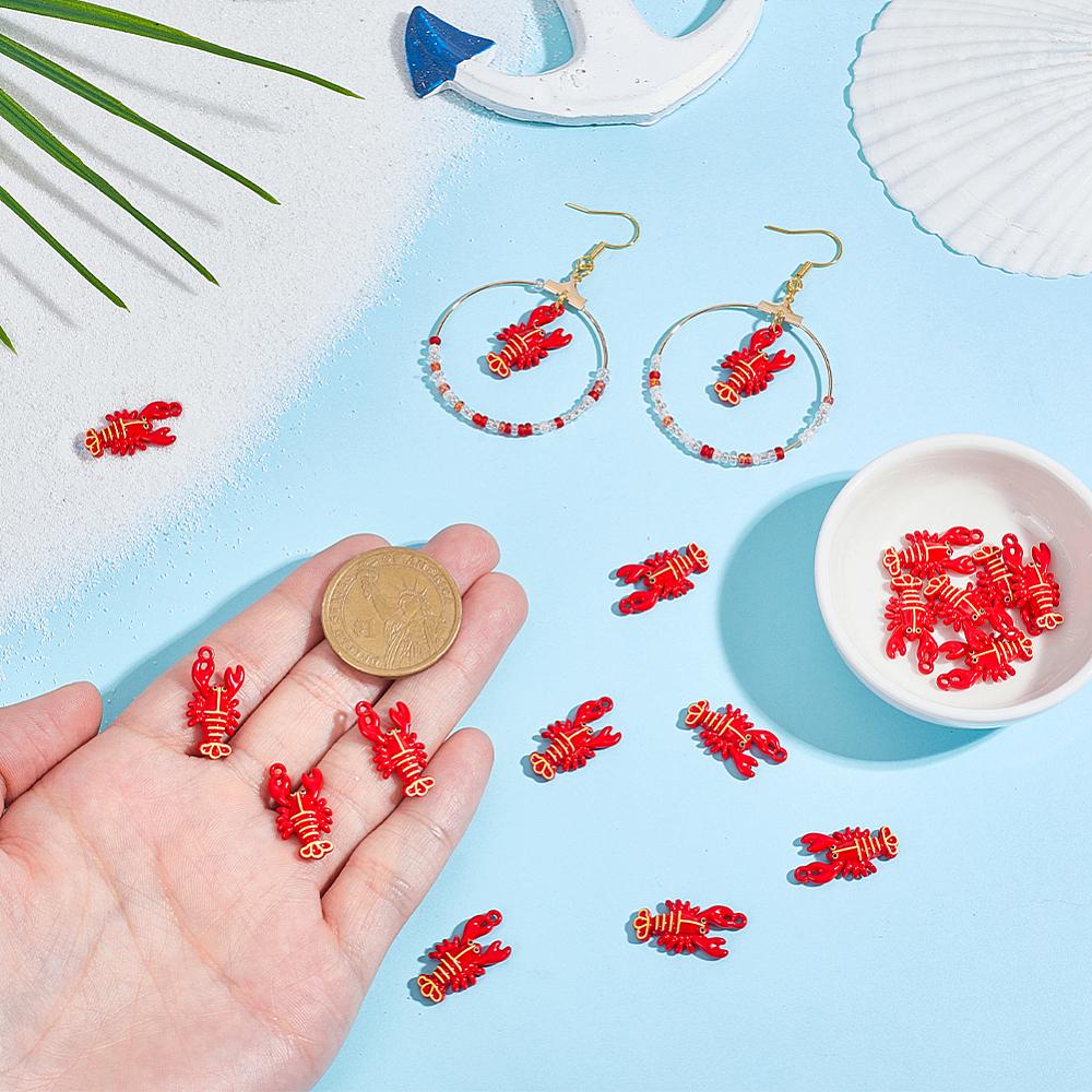 20Pcs Alloy Pendants Baking Paint Lobster Charms Red 21x10.5x4mm Hole: 1.2mm