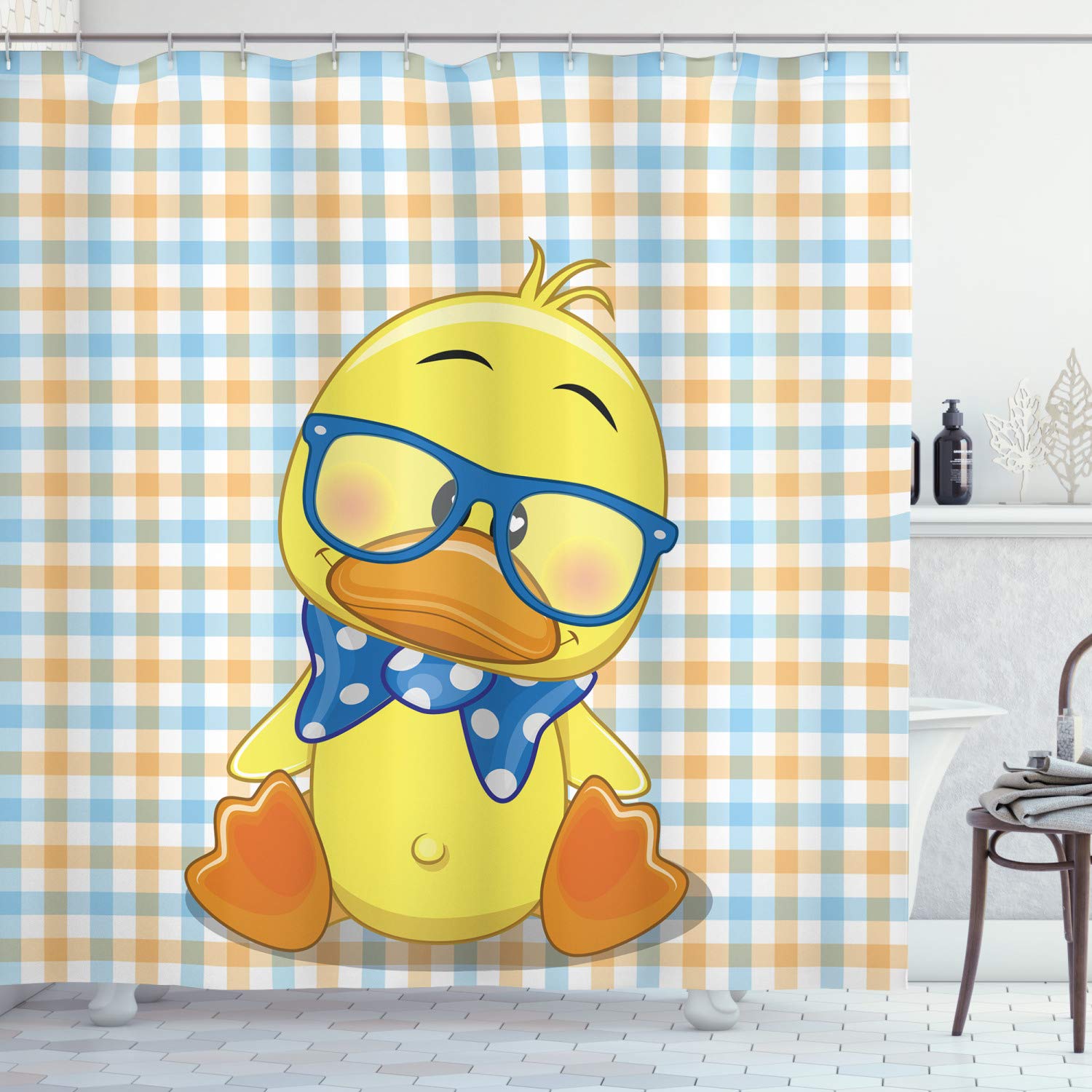 

Duck Shower Curtain Cartoon Character Taking A Bath Colorful Drops Backdrop Dots,Cloth Fabric Bathroom Curtains With Hooks W60H190(CM)-1 Pcs