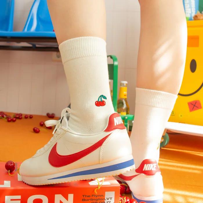 Cherry Embroidered Socks - White