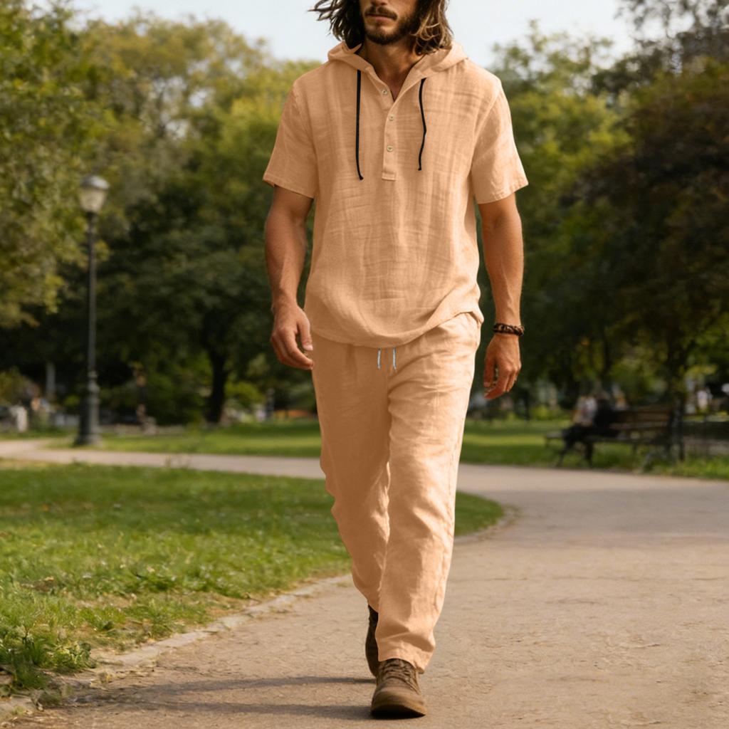 Men's Linen Casual Set , Button  Shirt Elastic Waist Drawstring Loose,Fit Pants Comfortable Two,Piece Set