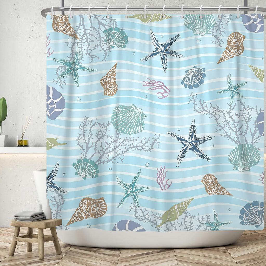 Nautical Theme Shower Curtain With Hooks Sailboat Anchor Seashells Starfish Waves Watercolour Art Modern Bathroom Curtain Decor