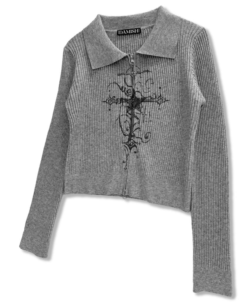 Damiswi Cross Print Ribbed Knit Zip-Up_Gray