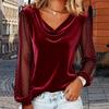 Women Tops Swing Collar Shiny Hot Drill Decor Mesh Long Sleeve Pullover Tops Loose Fit Velvet Tops Casual Work Party Date Wear