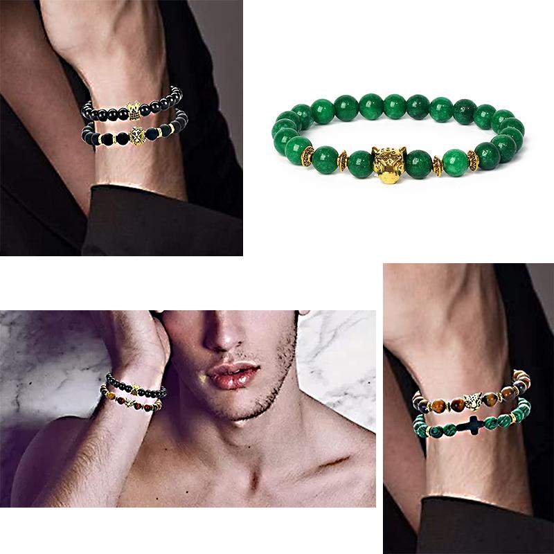 Leopard Head Beaded Bracelets for Men Women 8mm Rock Lava Stone Crown King Lion Charm Bracelet Set Natural Stone Elastic Jewelry
