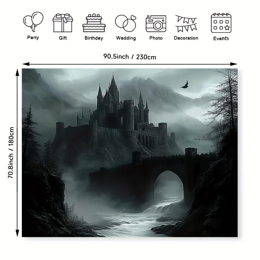 2D graphic design 1 large Gothic castle wall decoration banner - Medieval style misty mountains and dark river landscape.PMJ