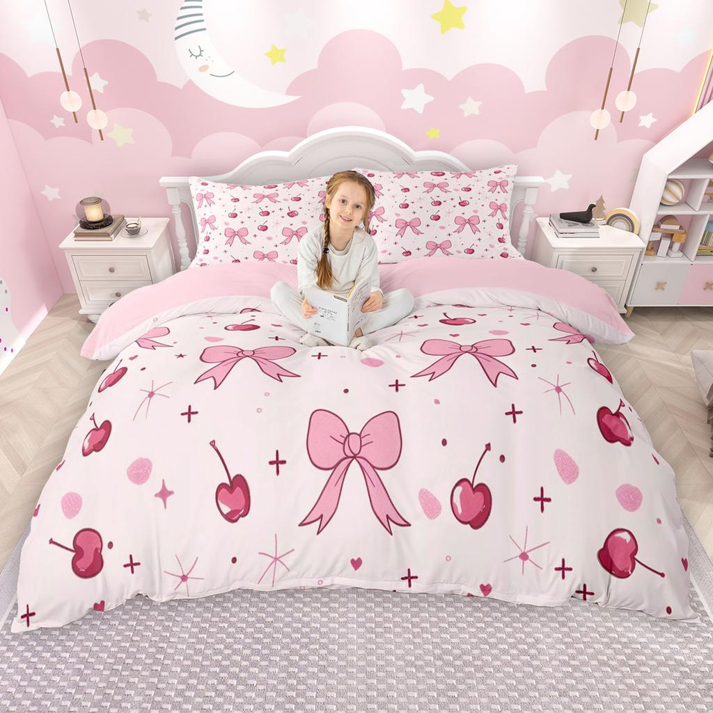 Homewish Girls Bow Knot Duvet Cover Set Kawaii Polka Dots Comforter Cover Set Princess Bowtie Ribbon Bed Set