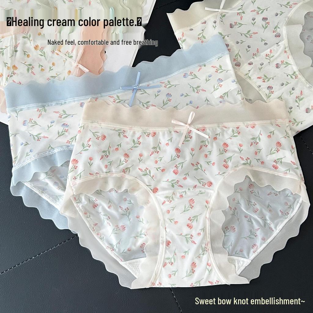 New Floral Ice Silk Girls' Underwear, Mid-Waist Seamless, Cute, Breathable, Hip-Hugging, Thin, Antibacterial Crotch, Pastoral Style