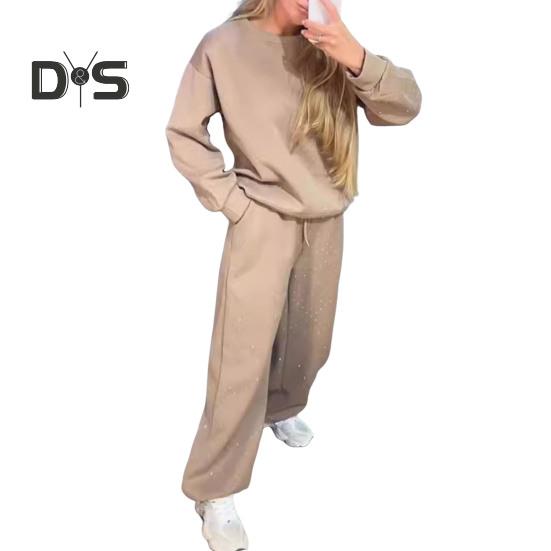 

2 шт./комплект женский топ брюки костюм круглый вырез длинный рукав стразы декор толстовка эластичный пояс широкие брюки повседневная одежда спортивный наряд осень XXL абрикосовый