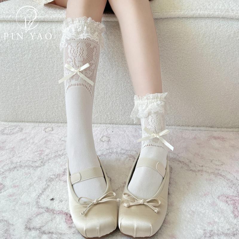 China Factory Summer Thin Lace Lolita Ballet Style Bowknot Slouch Socks Crew Cute Y2K Anti-Slip Nylon Knitted for Women