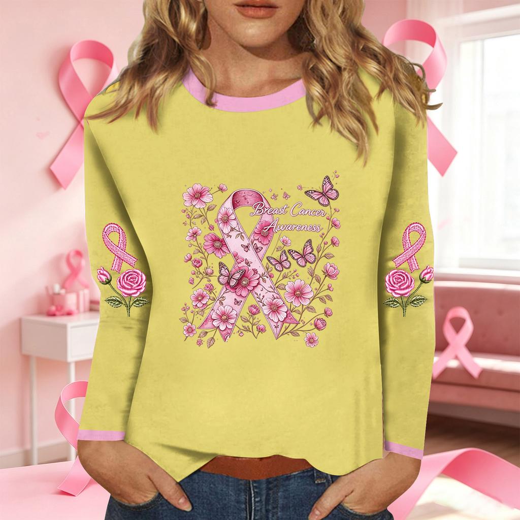 Women's Fashion Casual Long Sleeve Neck Top with Ribbon Print