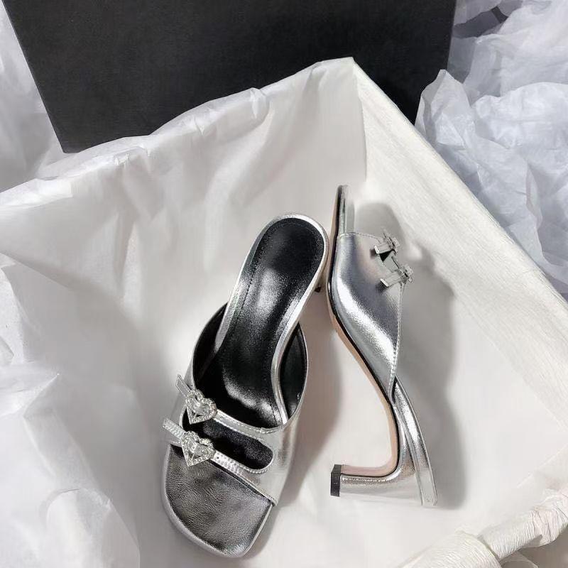 Rhinestone Love Square Head One-word High-heeled Slippers Fairy Open-toed High-heeled Shoes Temperament Thick-heeled Sandals 2025 Summer