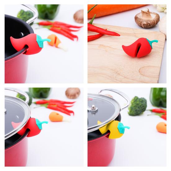 3 ks Silikonový stojan na poklice, proti přetečení, stojan na poklice s motivem chilli papričky, zvedák poklic, žáruvzdorný, proti přetečení, kuchyňský nástroj