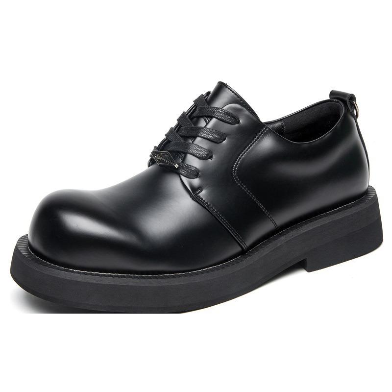 Niche leather big head derby shoes men's black round head platform small leather shoes heightening versatile commuter trendy shoes