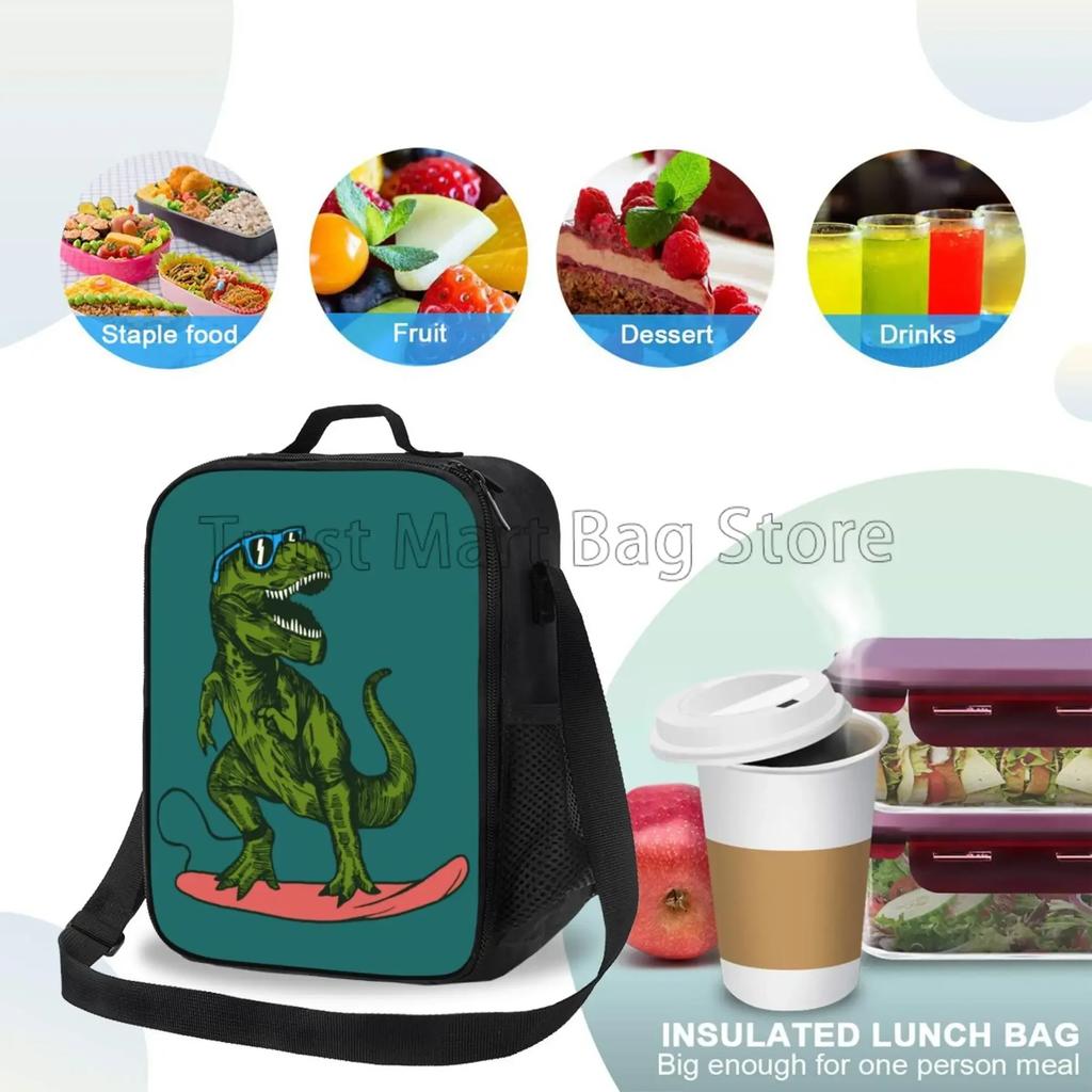 Funny Dinosaur Skateboard Thermal Lunch Bags for Girls Boys Insulated Lunch Box Durable Cooler Tote Bag with Adjustable Strap