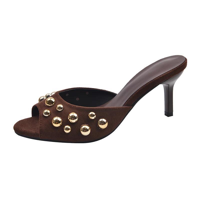 Summer New High-heeled Sandals Women's Temperament Round Head Shallow Rivet Thin Heel Versatile Outward Wear Flip-flops