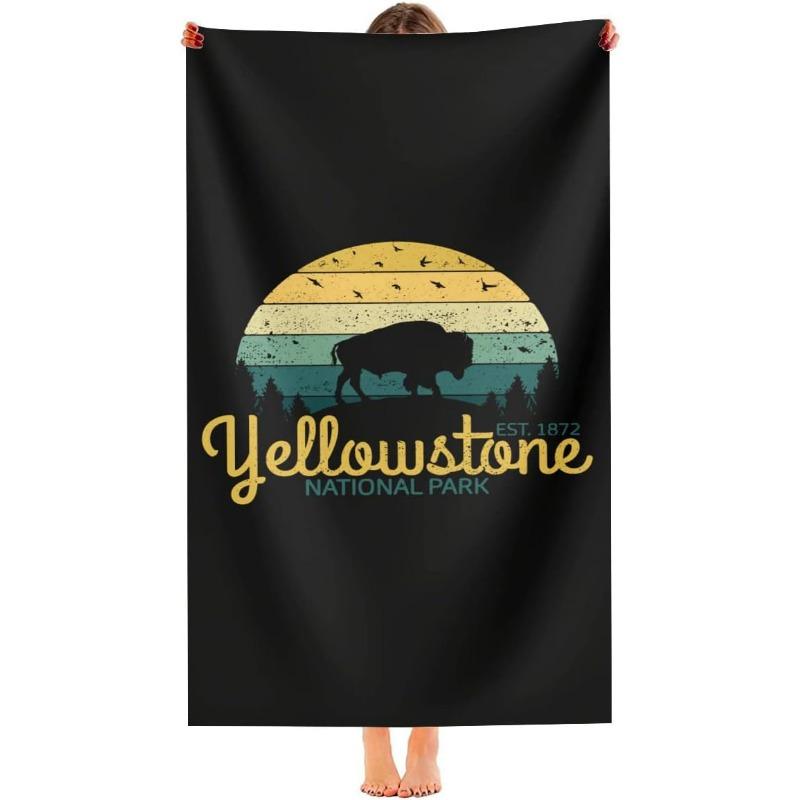 1PC Yellowstone National Park Vintage Bison Polyester Beach Towel for Sports, Spa, Yoga, Hotel & Gym