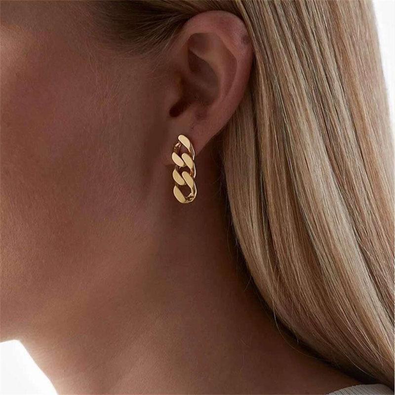 European Style Titanium Steel Cuban Link Stud Earrings - Thick Chain Design, Colorfast Niche Fashion.