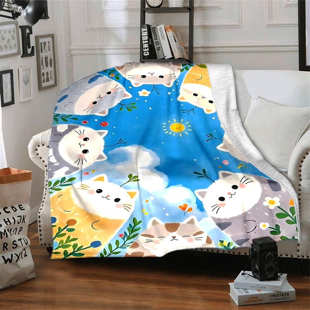 1pc Cats Flowers Lightweight Flannel Blanket, Comfortable and Warm Blanket, for Office and Camping Sofa Bed, Livingroom062