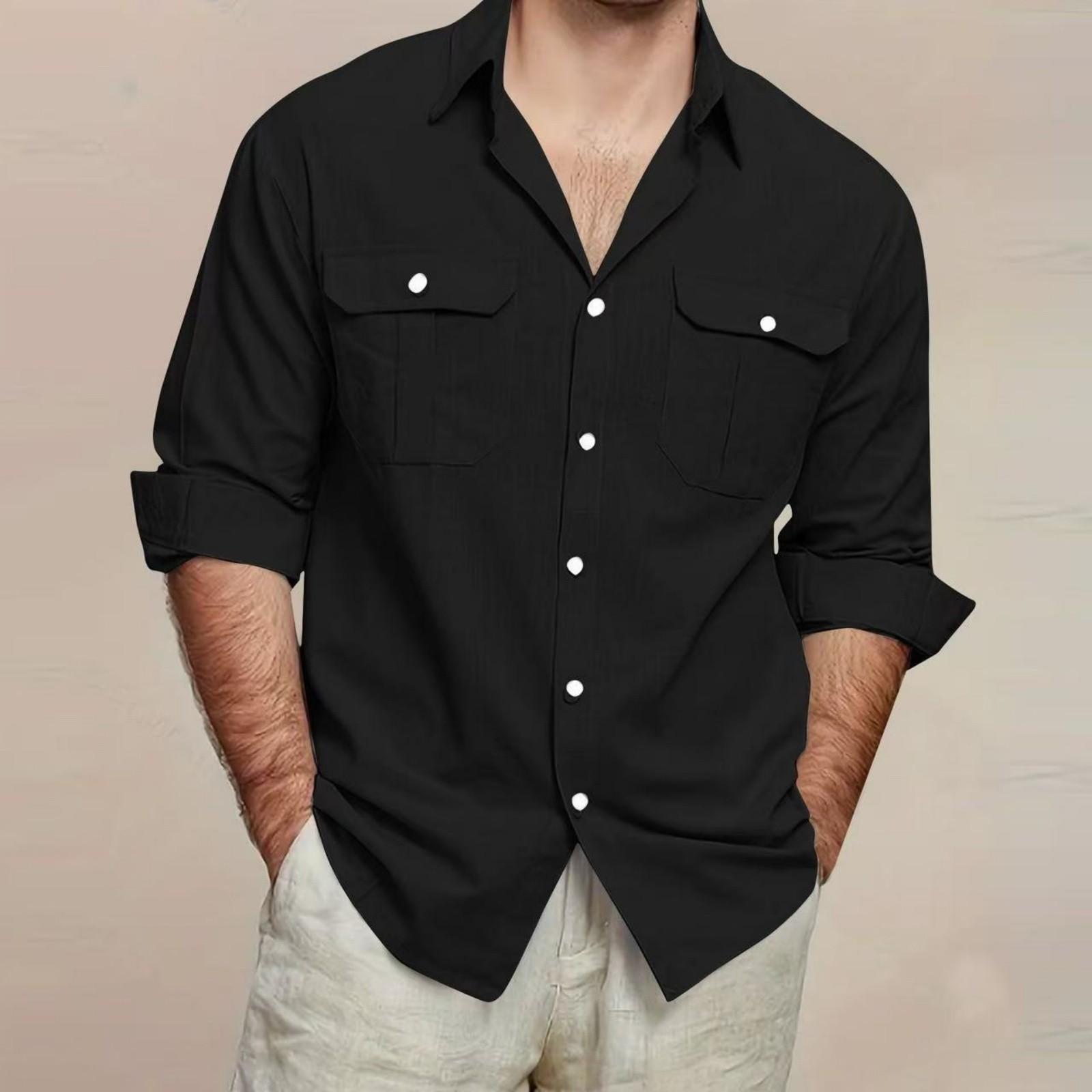 

Men s Cotton And Linen Shirt Color Breathable Double-pocket Long-sleeved Shirt For Casual Vacation XL чёрный