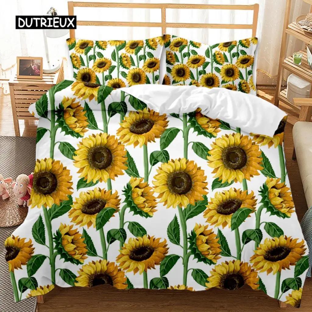 Sunflower Duvet Cover Set Girly Yellow Floral Print Twin Comforter Cover Women Blossom Flowers