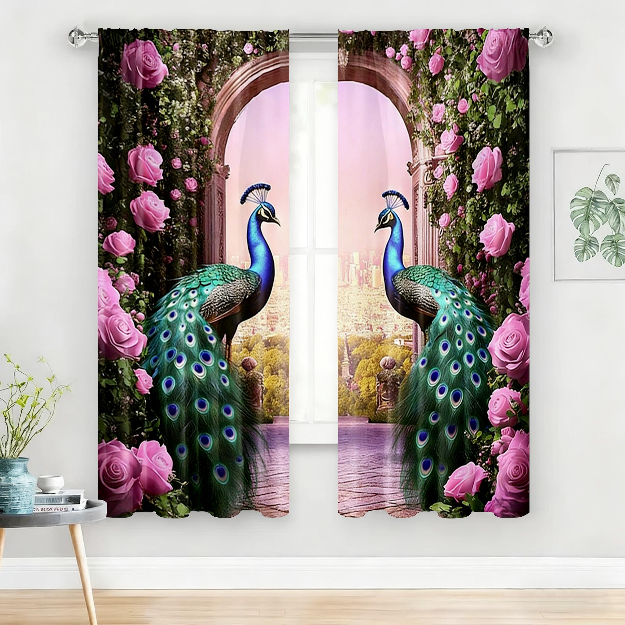 

2PC Peacock & Rose Arch Curtains - Exotic Floral & Bird Print Window Drapes for Bedroom Living Room Decor 24x59in(60x150CM)x2&Rod Pocket