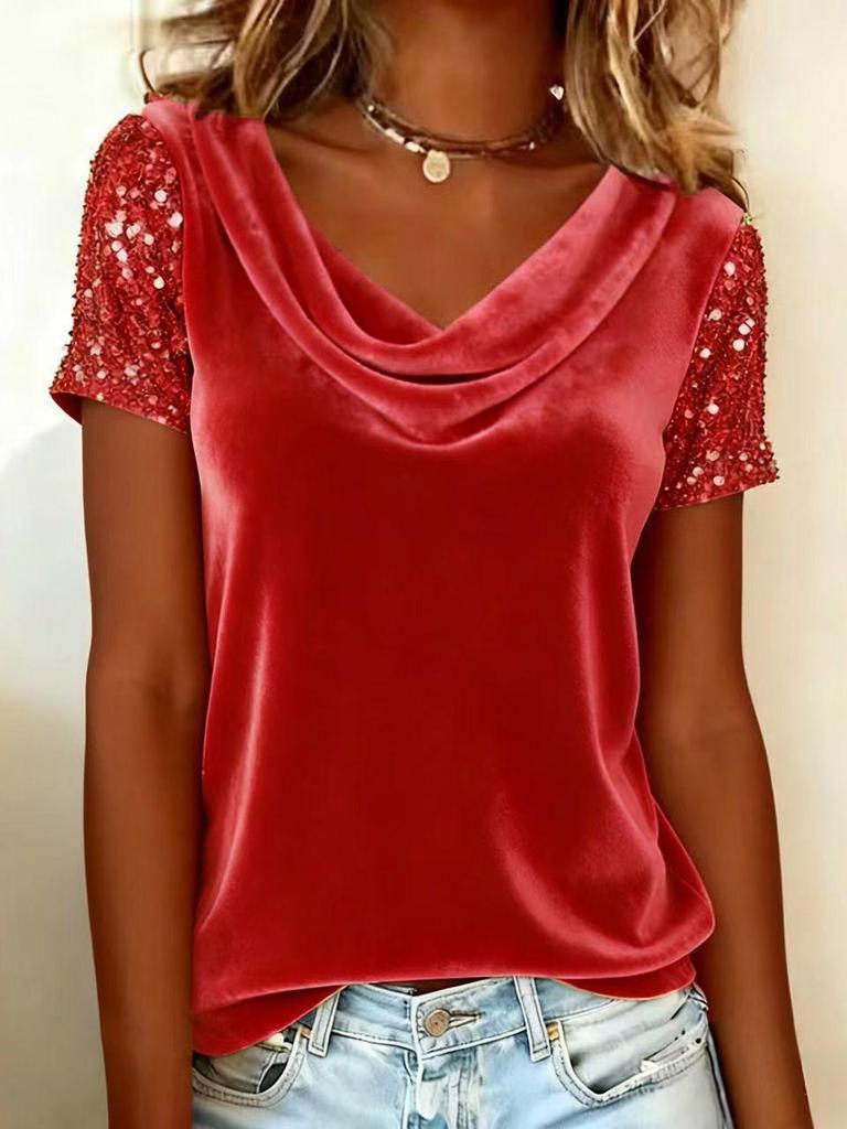 2026 European & American Velvet High-Neck Sequin Patchwork Short-Sleeve Women's Fashion Top