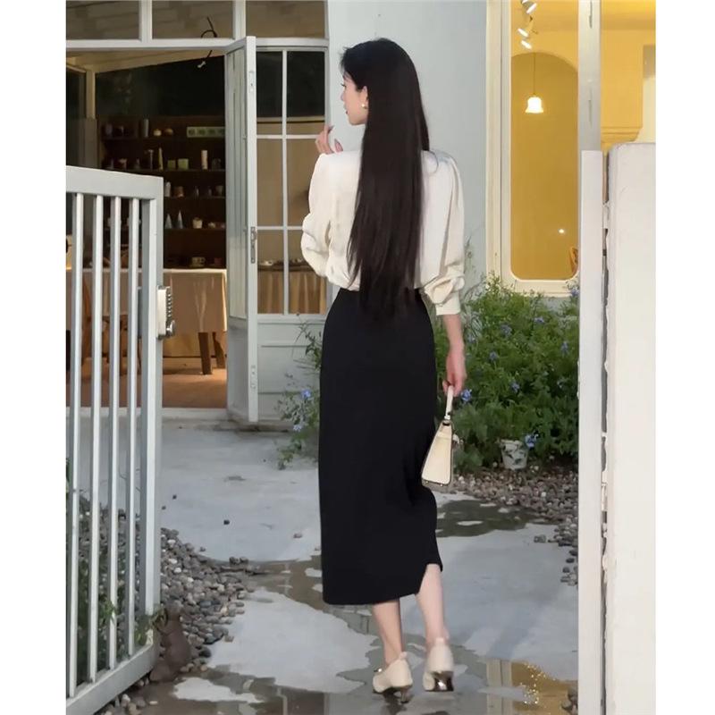 Chic Combo: Stylish Solid Long-Sleeve Shirt + High-Waisted A-Line Skirt Set