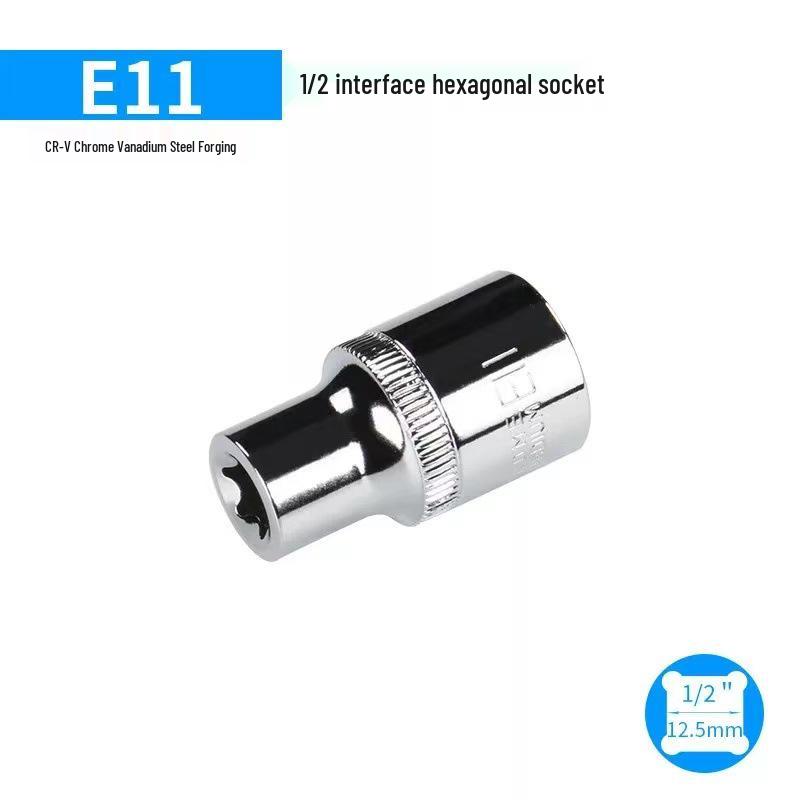 Metric 6-Point Flower-Shaped E-Type Socket Set: 1/2 Large, 3/8 Medium, 1/4 Small, Star Type.
