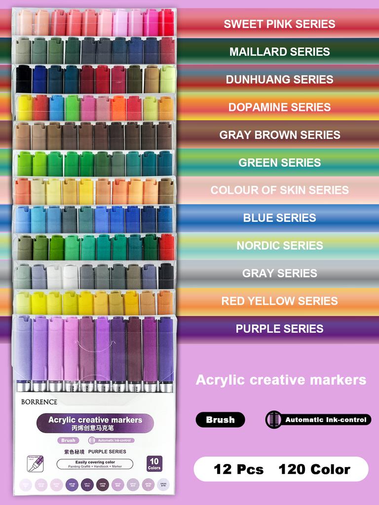 BORRENCE 120 Colors Acrylic Paint Markers Pens Set Large Ink Capacity Soft Head Direct Liquid Graffiti Painting Acrylic Markers