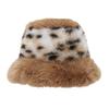 Polyester Furry Leopard Print Fisherman Hat With Wide Brim For Winter Fashion