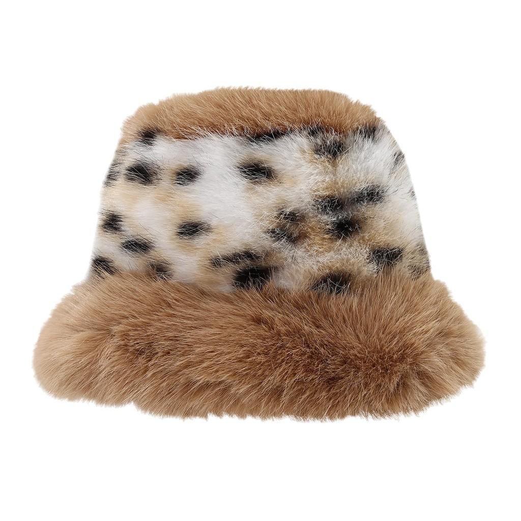 Polyester Furry Leopard Print Fisherman Hat With Wide Brim For Winter Fashion