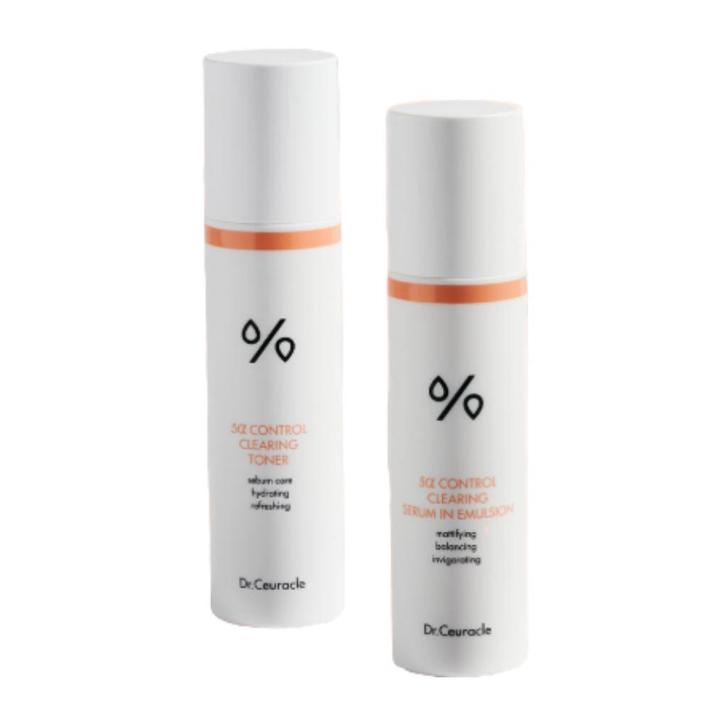 Dr. Ceuracle 5 Alpha Control Clearing Skin Care 2-Item Set (Toner 120ml & Emulsion 100ml) Oil-Control & Hydration for Oily Dehydrated Skin
