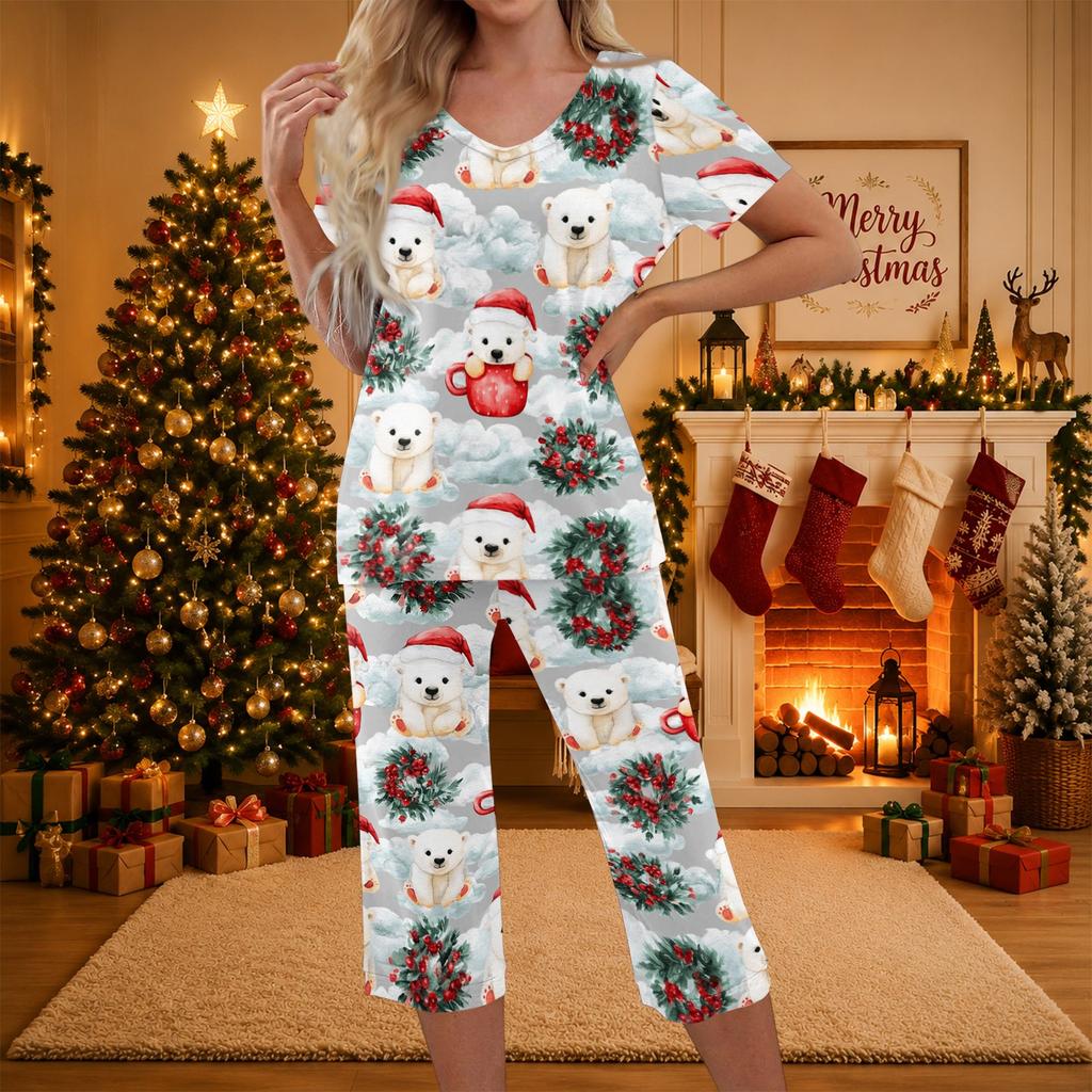 Women's Two-Piece Outfit Set with Christmas Print Short Sleeve Top and Pants